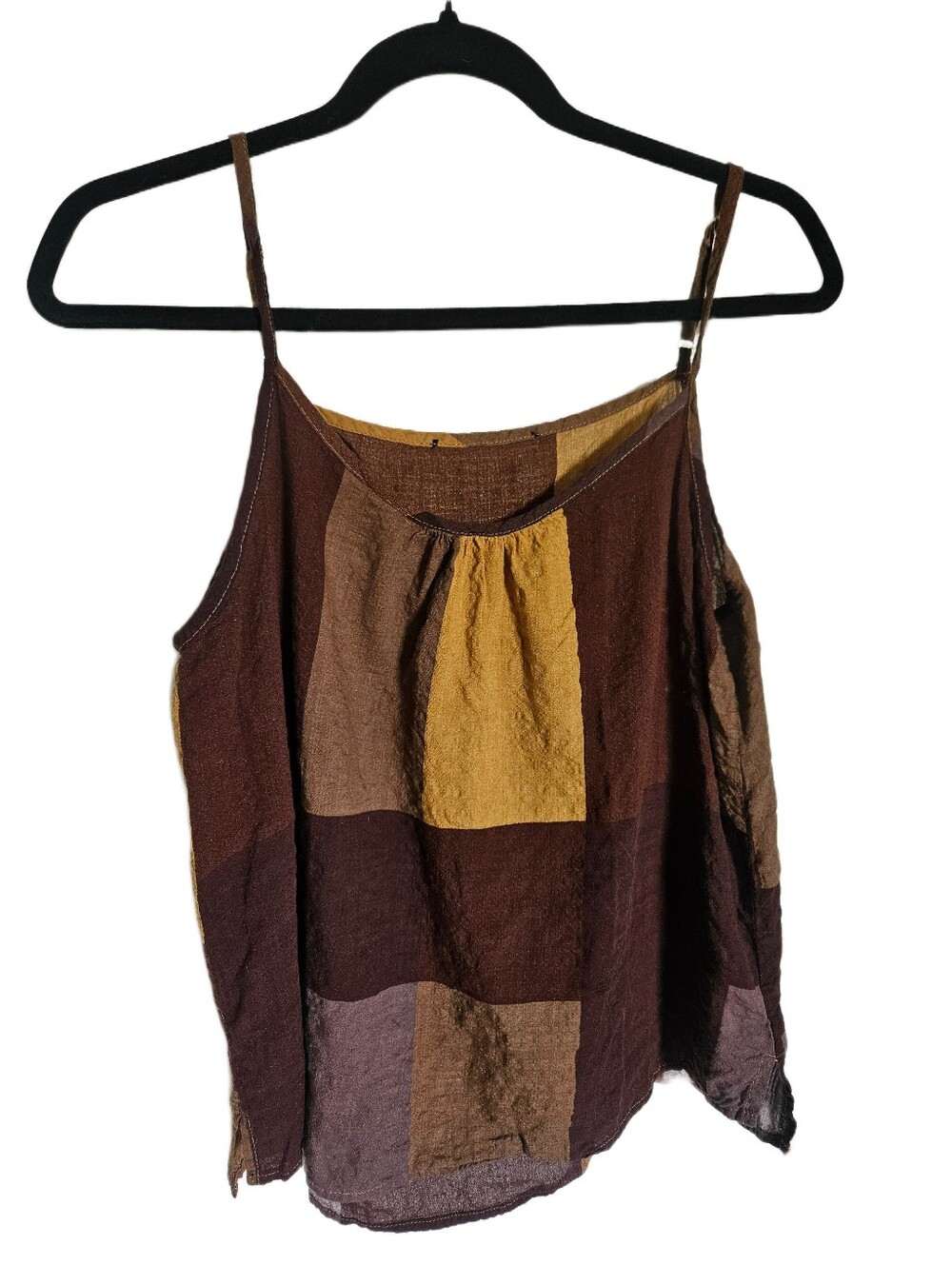 Patchwork Brown & Mustard Spaghetti-Strap Tank Top